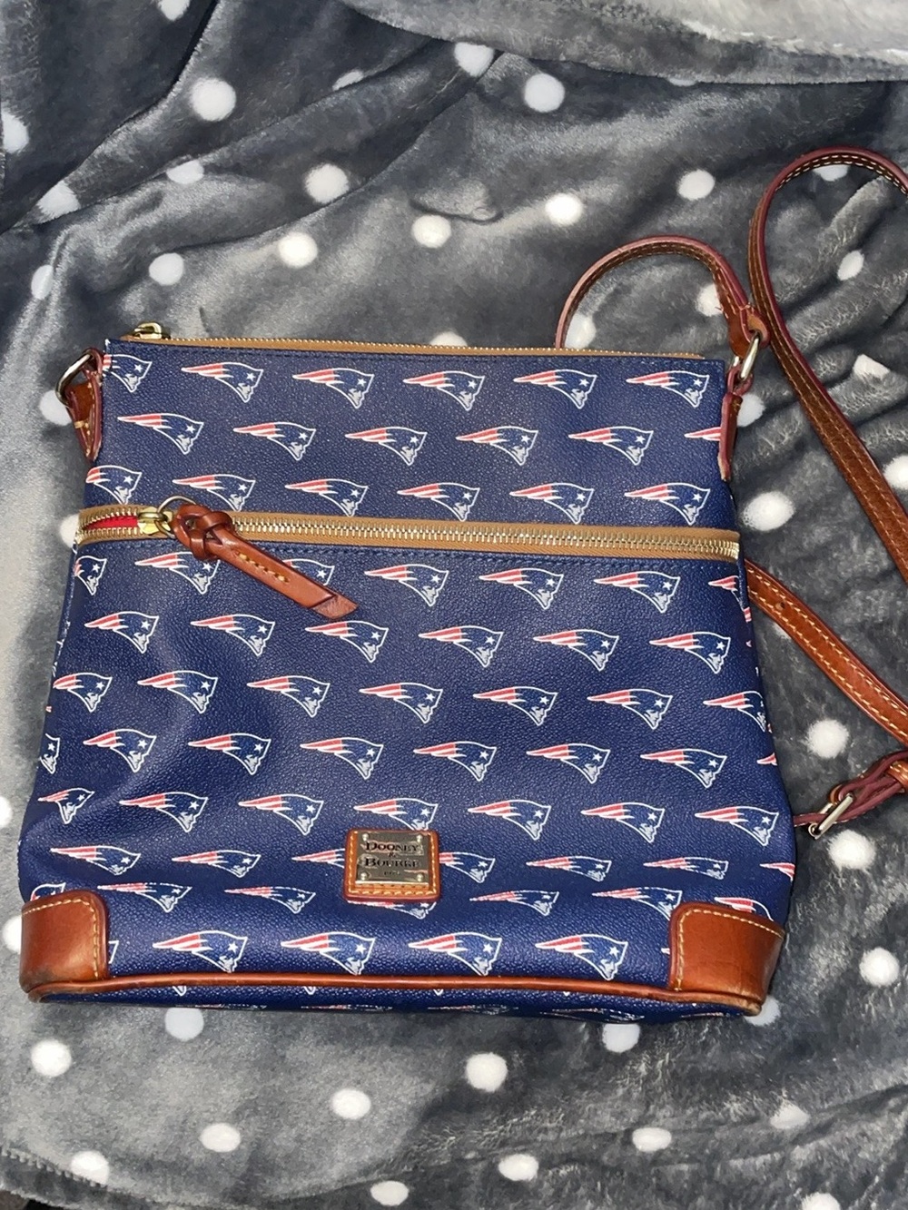 Dooney & Bourke Navy Patriots Crossbody with Brown Trim - Good condition!
